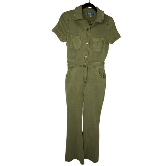 Urban Outfitters Emma Denim Flared Jumpsuit Women S Olive Green Utility Stretch - Picture 3 of 12